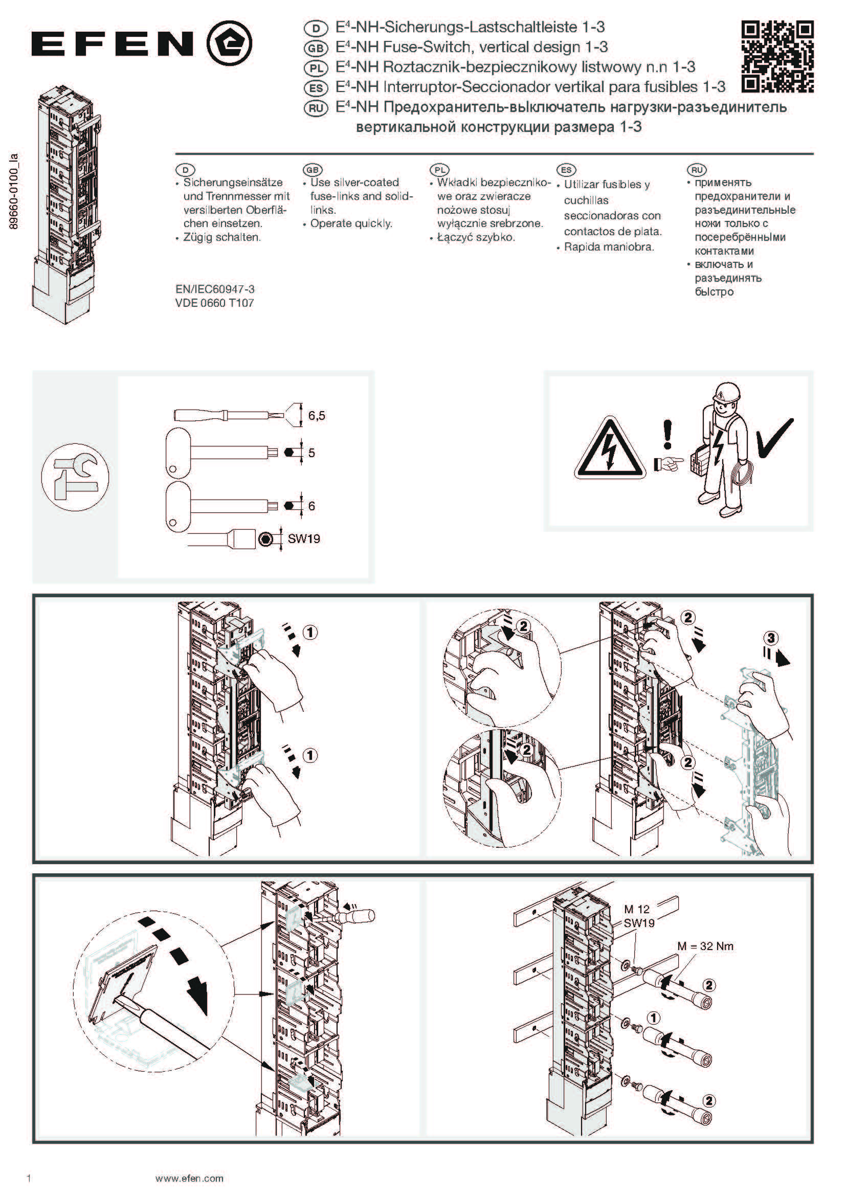 Montageanleitung E4-NH-Sicherungs-Lastschaltleiste, 3-polig / E4-NH Fuse-Switch, vertical design 3-pole switching