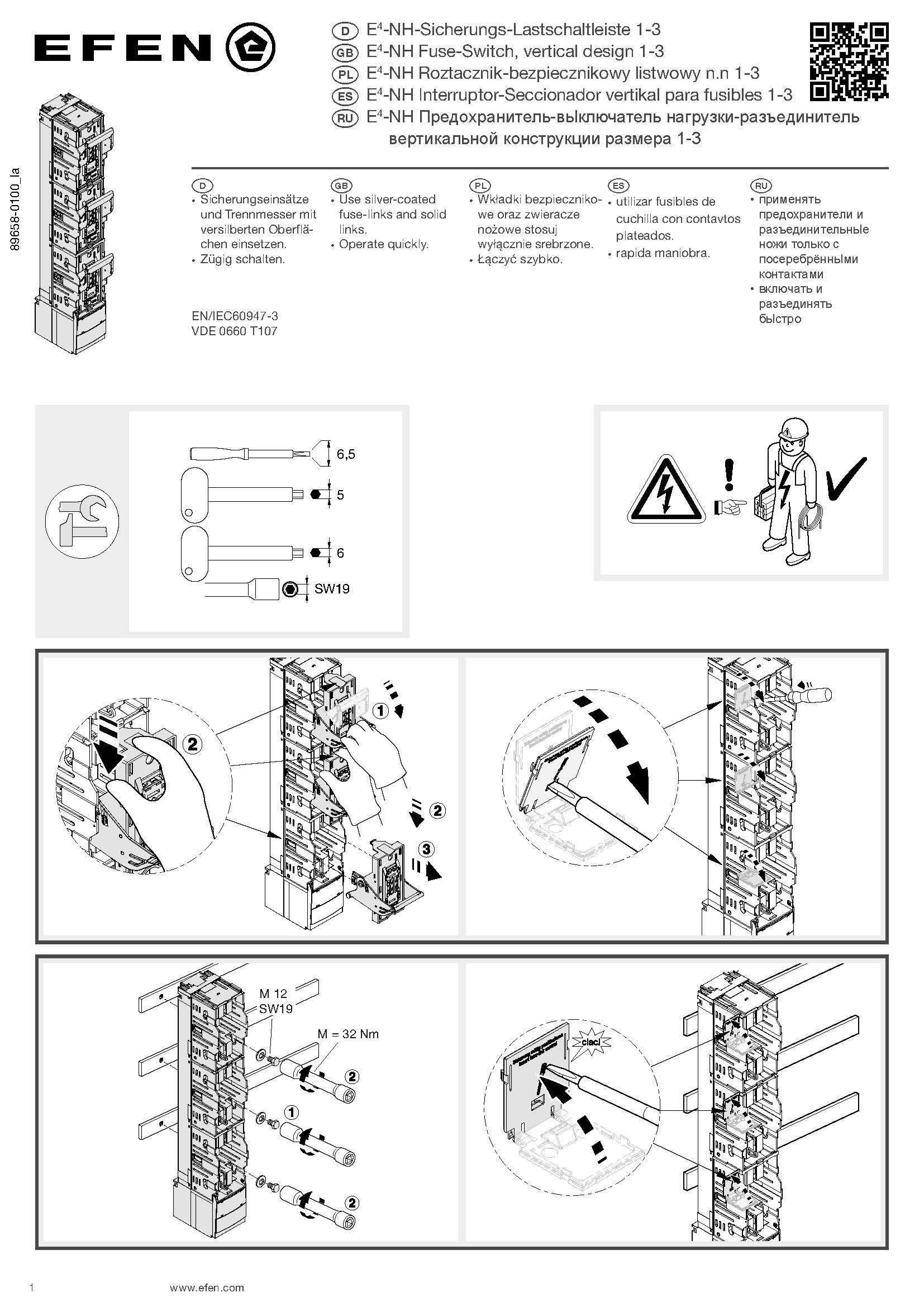 Montageanleitung E4-NH-Sicherungs-Lastschaltleiste, 1-polig / E4-NH Fuse-Switch, vertical design 1-pole switching